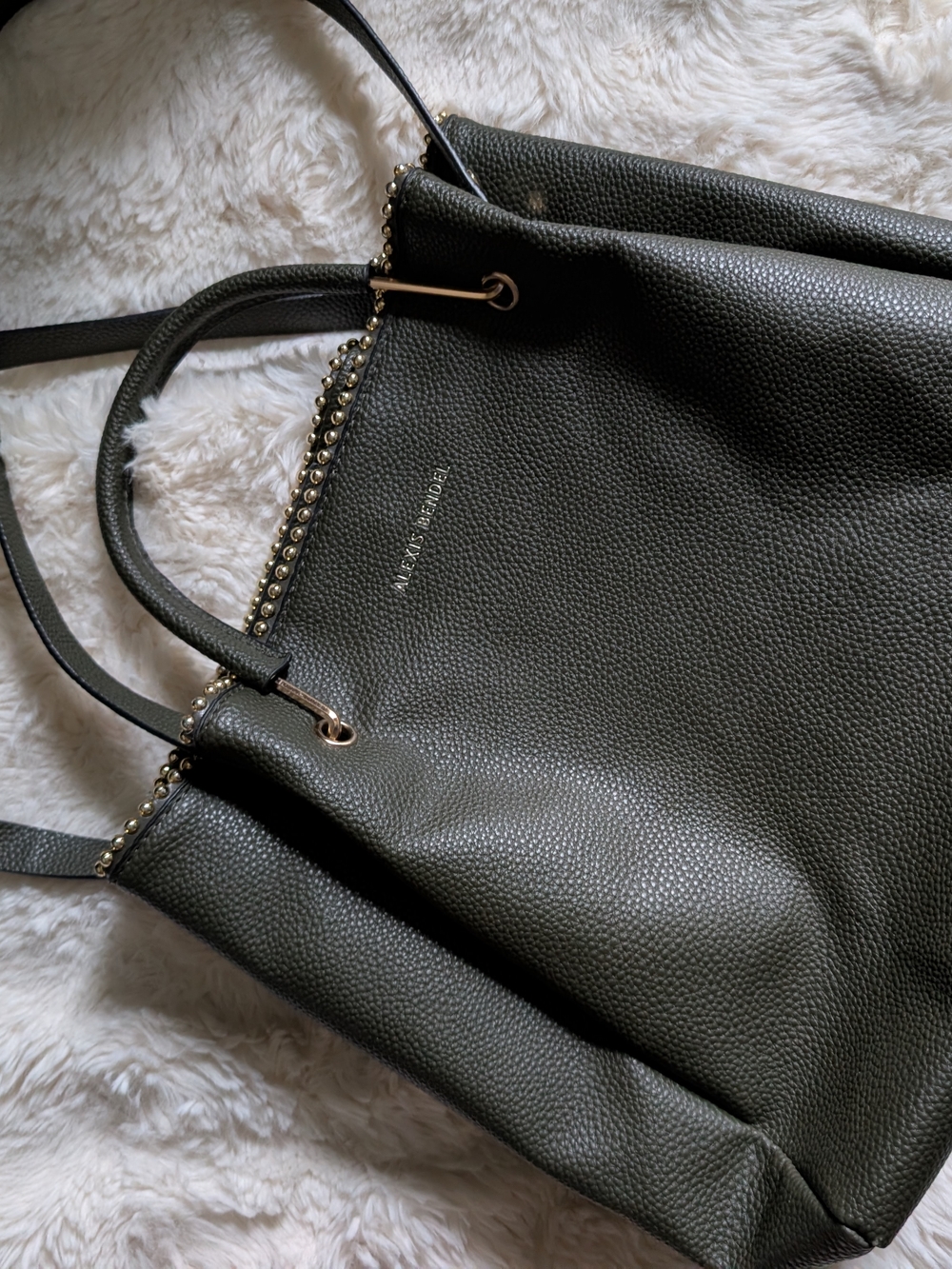 ALEXIS BENDEL Olive Green Pebbled Leather Tote with Gold Bead Trim